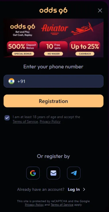 Register account on odds96 casino India